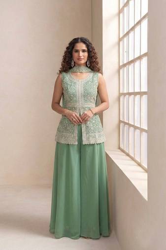 Pista faux georgette readymade sharara salwar suit- Full Stitched free size