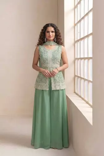 Pista faux georgette readymade sharara salwar suit- Full Stitched free size