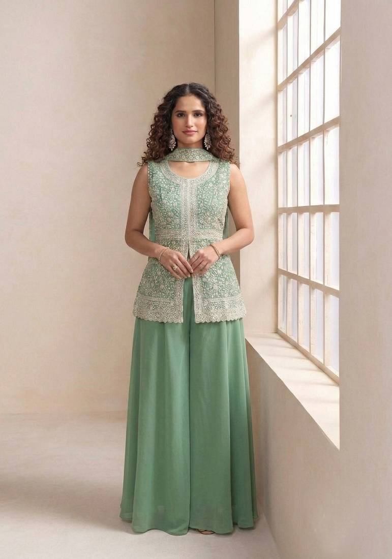 Pista faux georgette readymade sharara salwar suit- Full Stitched free size