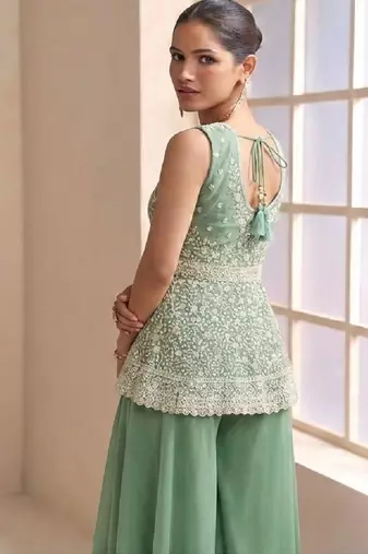 Pista faux georgette readymade sharara salwar suit- Full Stitched free size