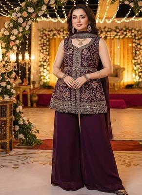 Magenta faux georgette readymade sharara salwar suit- Full Stitched free size 3