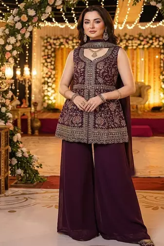 Magenta faux georgette readymade sharara salwar suit- Full Stitched free size