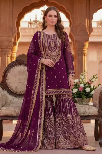 Wine faux georgette readymade sharara salwar suit- Full Stitched free size