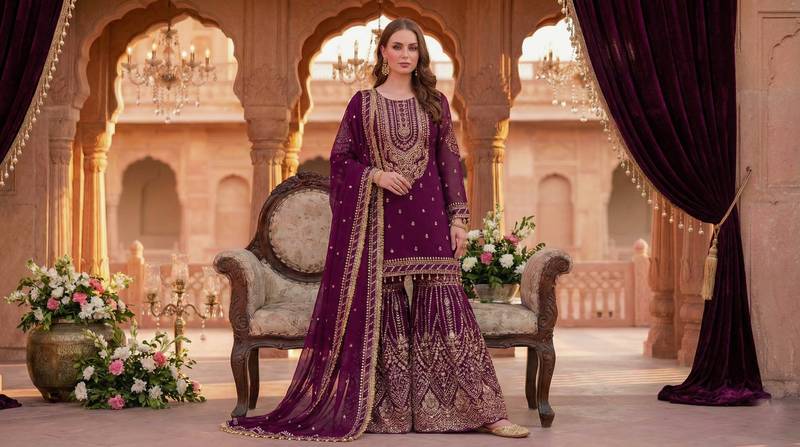 Wine faux georgette readymade sharara salwar suit- Full Stitched free size