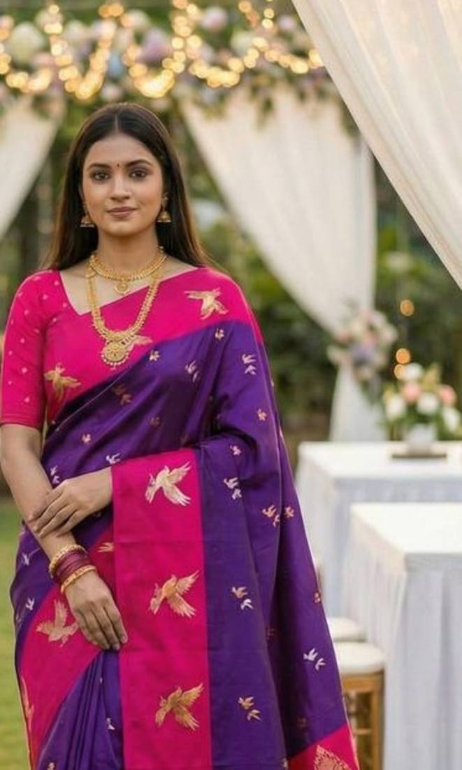 Violet Color Zari Weawing Border Work Silk Saree 