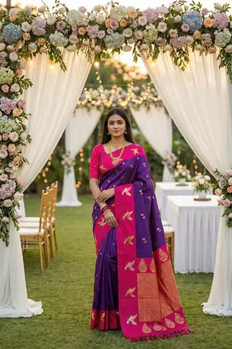 Violet Color Zari Weawing Border Work Silk Saree 