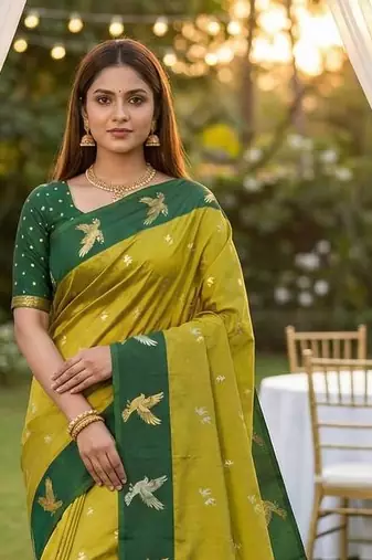 Olive Color Zari Weawing Border Work Silk Saree 