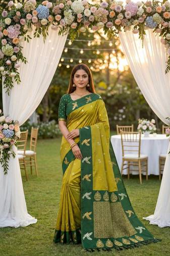 Olive Color Zari Weawing Border Work Silk Saree 