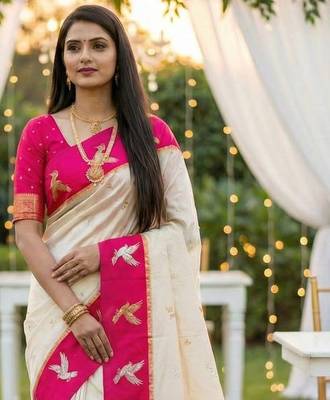 Cream Color Zari Weawing Border Work Silk Saree  2