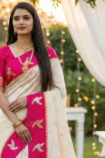 Cream Color Zari Weawing Border Work Silk Saree 