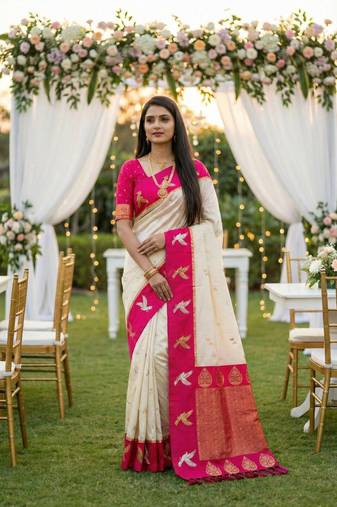 Cream Color Zari Weawing Border Work Silk Saree 