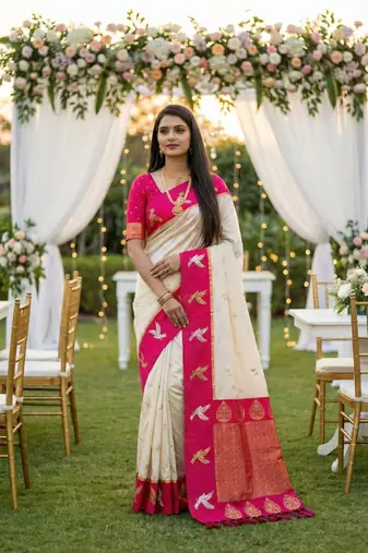 Cream Color Zari Weawing Border Work Silk Saree 