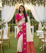 Cream Color Zari Weawing Border Work Silk Saree 