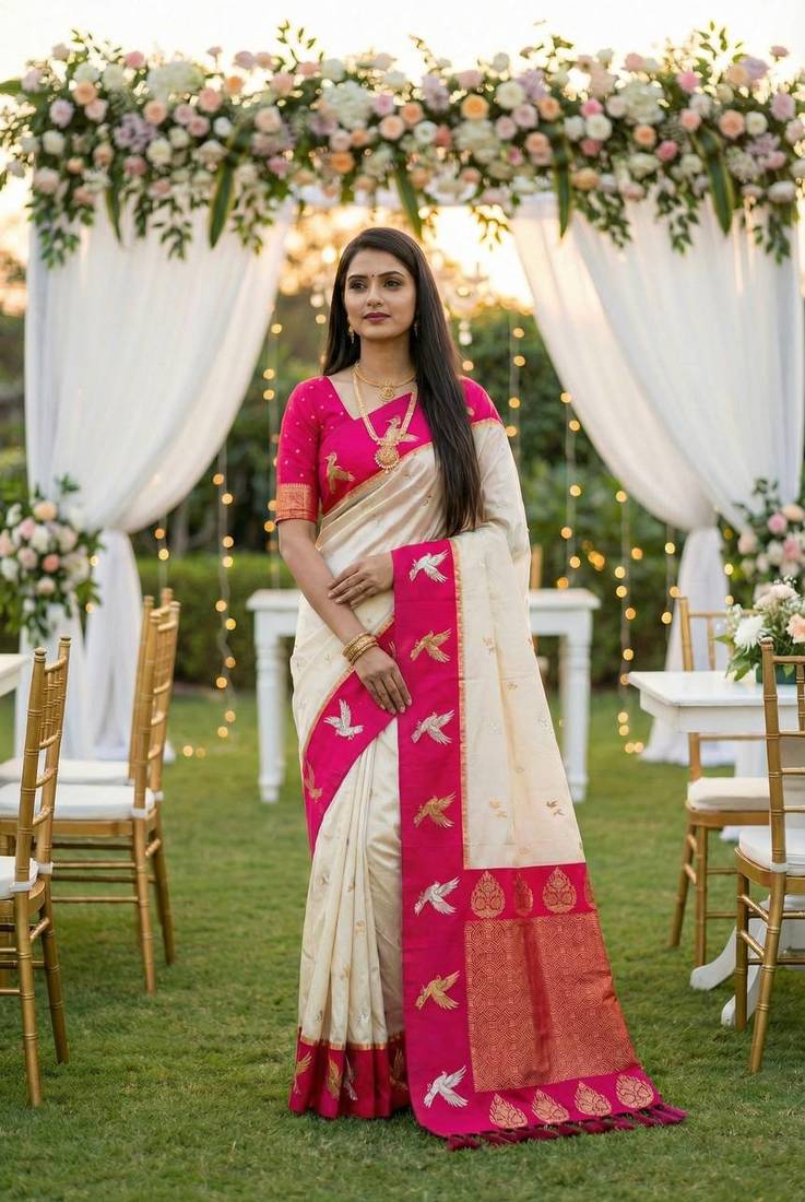 Cream Color Zari Weawing Border Work Silk Saree 