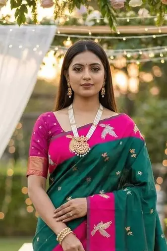 Emerald Color Zari Weawing Border Work Silk Saree 