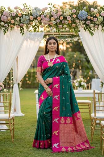 Emerald Color Zari Weawing Border Work Silk Saree 