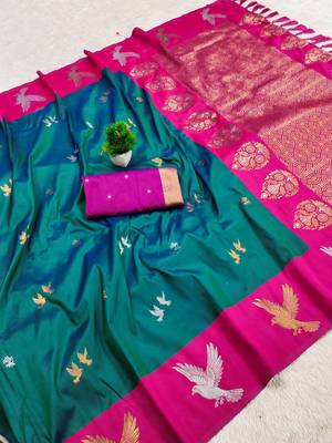 Emerald Color Zari Weawing Border Work Silk Saree  3