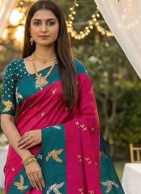 Hot Pink Color Zari Weawing Border Work Silk Saree  2