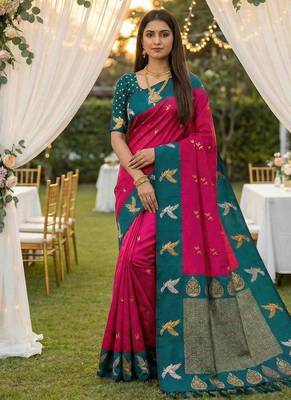 Hot Pink Color Zari Weawing Border Work Silk Saree  1