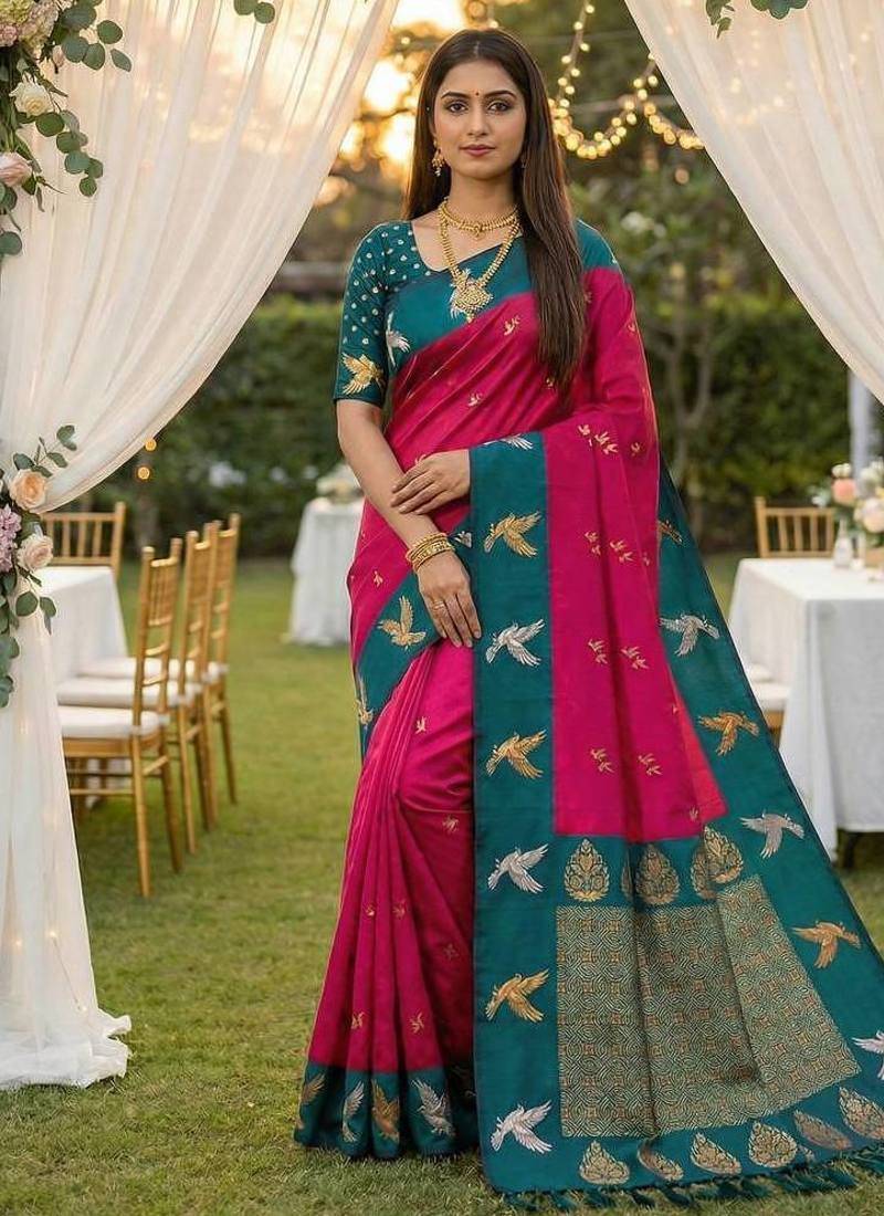Hot Pink Color Zari Weawing Border Work Silk Saree 