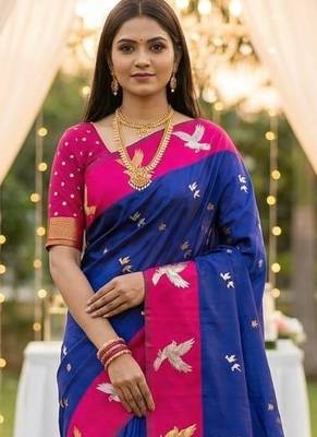 Navy Blue Color Zari Weawing Border Work Silk Saree  1