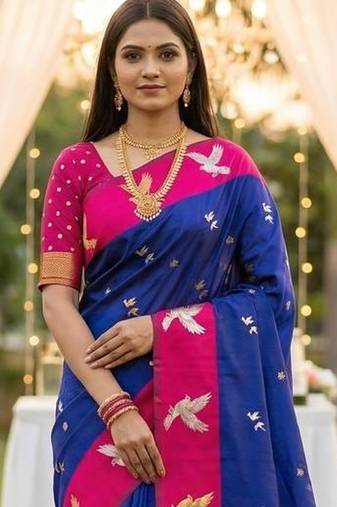 Navy Blue Color Zari Weawing Border Work Silk Saree 