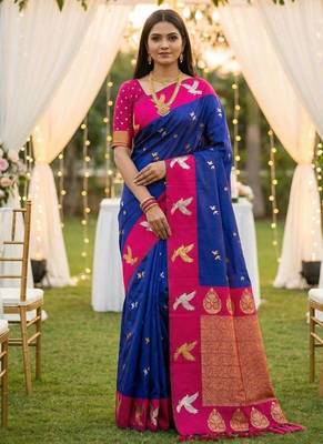 Navy Blue Color Zari Weawing Border Work Silk Saree  2