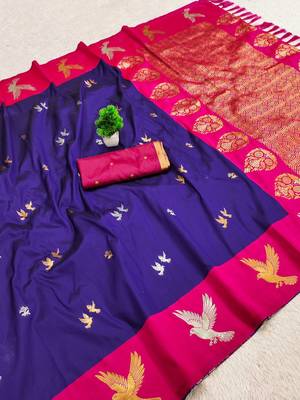 Navy Blue Color Zari Weawing Border Work Silk Saree  3