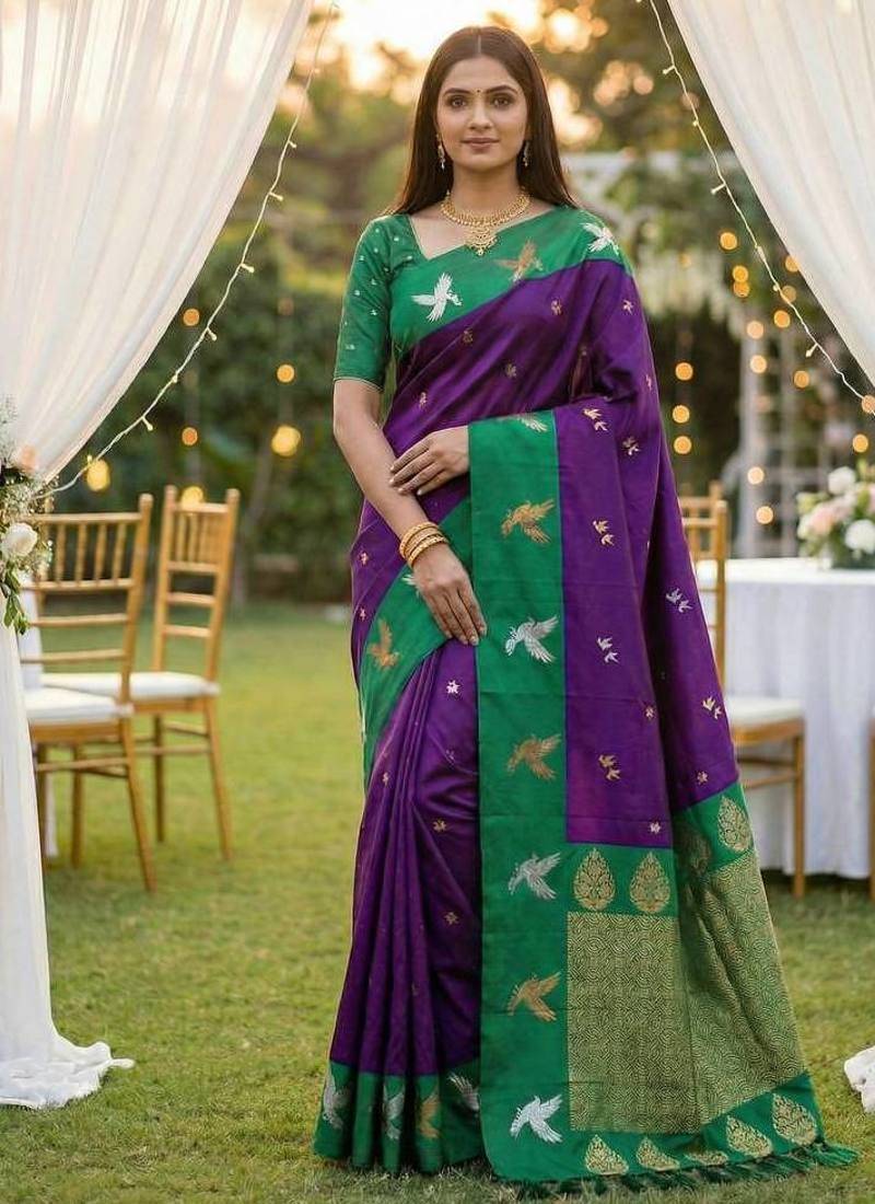 Purple Color Zari Weawing Border Work Silk Saree 