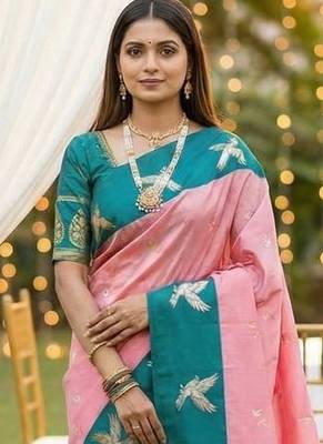 Peach Color Zari Weawing Border Work Silk Saree  2