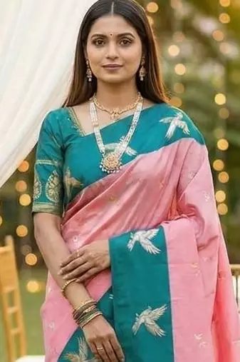 Peach Color Zari Weawing Border Work Silk Saree 
