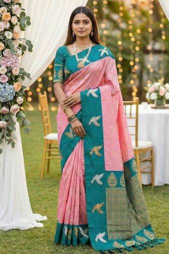 Peach Color Zari Weawing Border Work Silk Saree 
