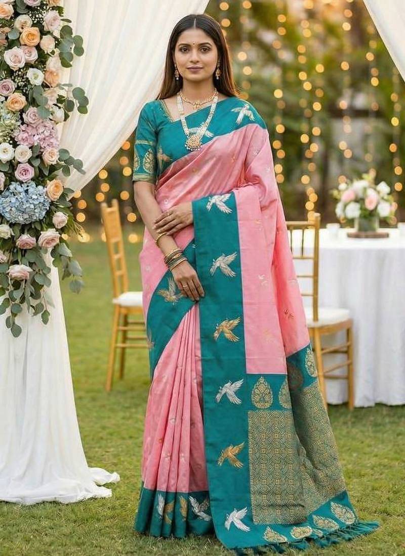 Peach Color Zari Weawing Border Work Silk Saree 