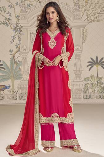 Pink red embroidered georgette semi-stitch palazzo suit with dupatta