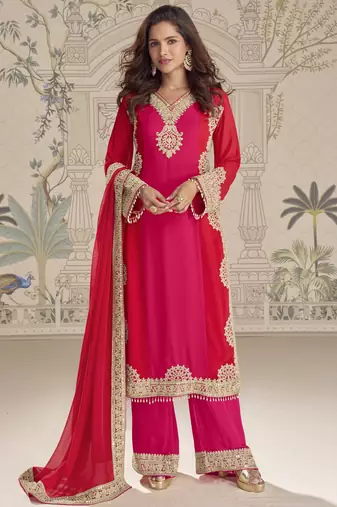 Pink red embroidered georgette semi-stitch palazzo suit with dupatta