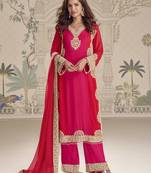 Pink red embroidered georgette semi-stitch palazzo suit with dupatta