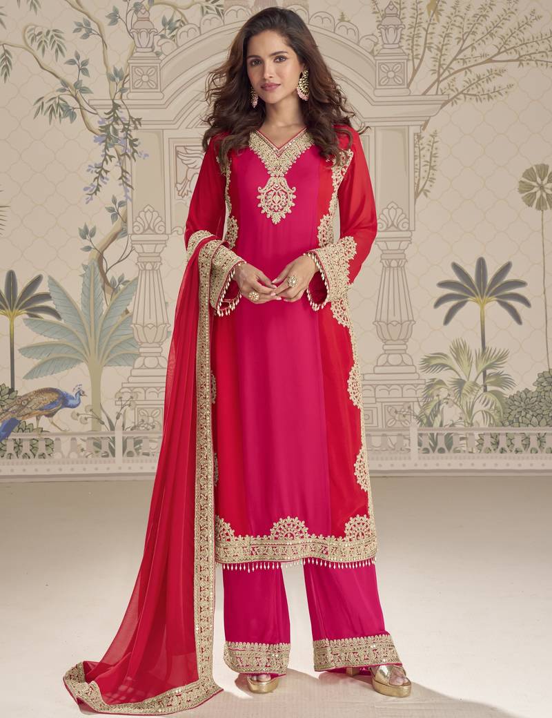 Pink red embroidered georgette semi-stitch palazzo suit with dupatta