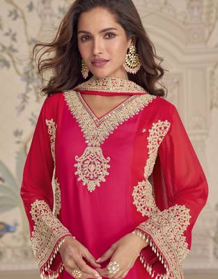 Pink red embroidered georgette semi-stitch palazzo suit with dupatta 2