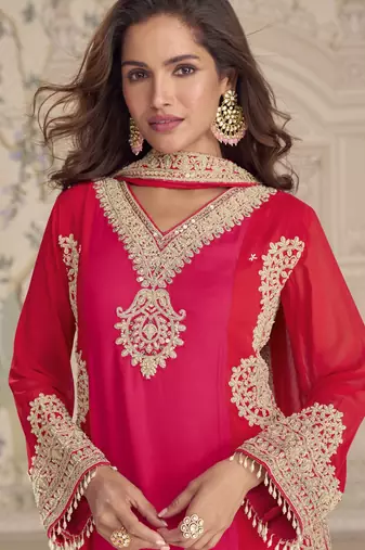 Pink red embroidered georgette semi-stitch palazzo suit with dupatta