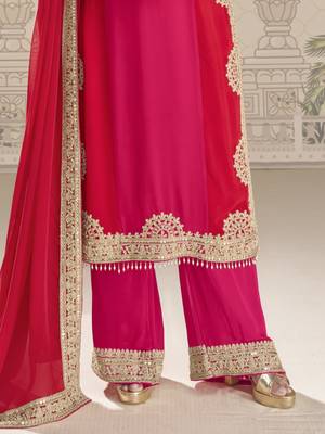 Pink red embroidered georgette semi-stitch palazzo suit with dupatta 3