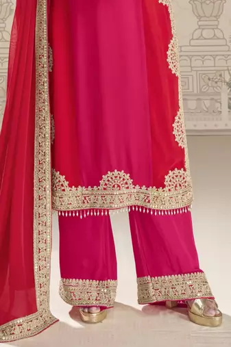 Pink red embroidered georgette semi-stitch palazzo suit with dupatta