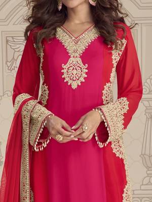 Pink red embroidered georgette semi-stitch palazzo suit with dupatta 4
