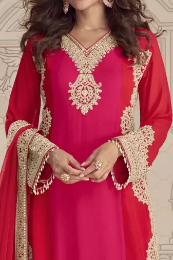 Pink red embroidered georgette semi-stitch palazzo suit with dupatta