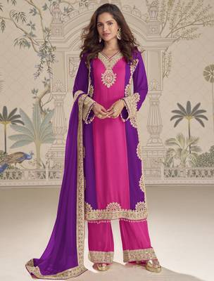 Pink purple embroidered georgette semi-stitch palazzo suit with dupatta 1