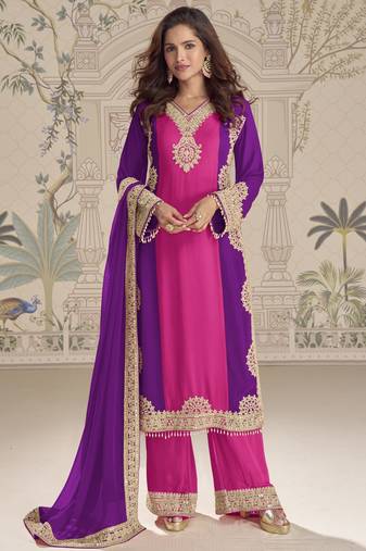 Pink purple embroidered georgette semi-stitch palazzo suit with dupatta