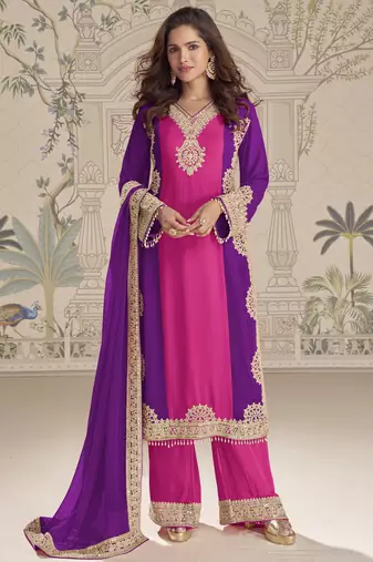 Pink purple embroidered georgette semi-stitch palazzo suit with dupatta