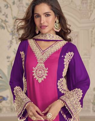 Pink purple embroidered georgette semi-stitch palazzo suit with dupatta 2