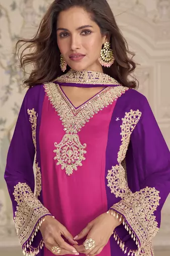 Pink purple embroidered georgette semi-stitch palazzo suit with dupatta