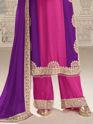 Pink purple embroidered georgette semi-stitch palazzo suit with dupatta 3