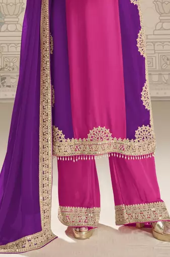Pink purple embroidered georgette semi-stitch palazzo suit with dupatta